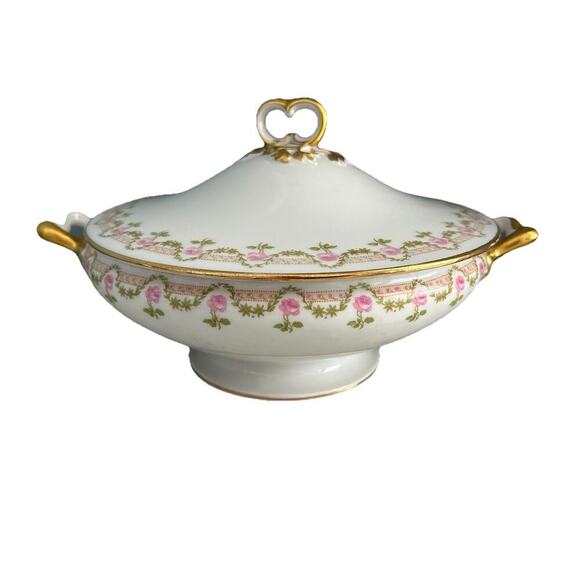 Vintage Wm. Guerin & Co. France Limoges Pink Rose Covered Round Serving Bowl - Picture 14 of 16